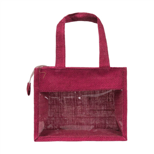 10x8x5 inch Window Jute Hamper Bag β With Zip, Maroon, Self Handle