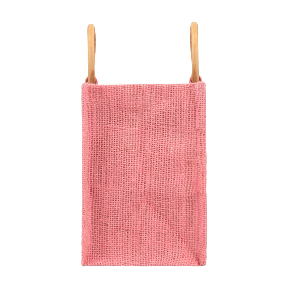 Pink Jute Window Hamper Bag with Wooden Handle β 7x6x3.5 Inch