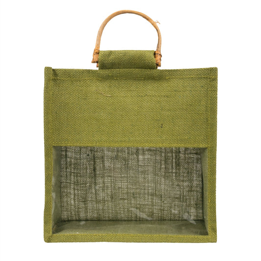 10x10x5 inch Window Jute Hamper Bag β Without Zip, Olive Green, Cane Handle