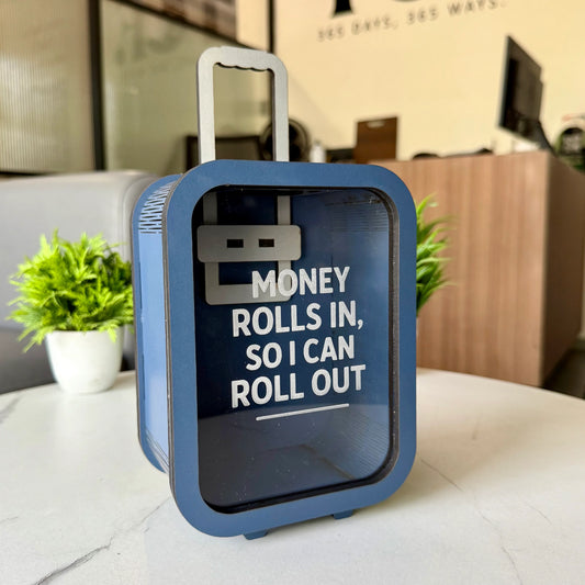 Rolling Suitcase Piggy Bank β βMoney Rolls Inβ Quote Coin Box (Openable)