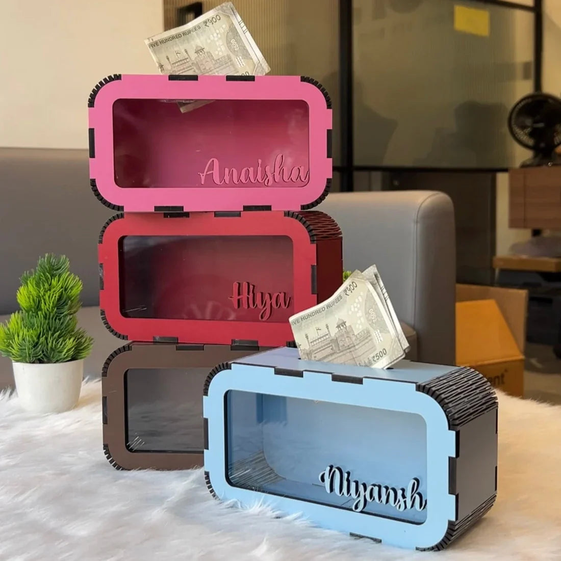 Break to Open Custom Name Piggy Bank β Clear Front Money Box (MDF + Acrylic)