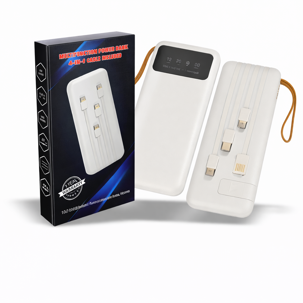 10000mAh Power Bank with Inbuilt Cables – Smart Charging Device (White)