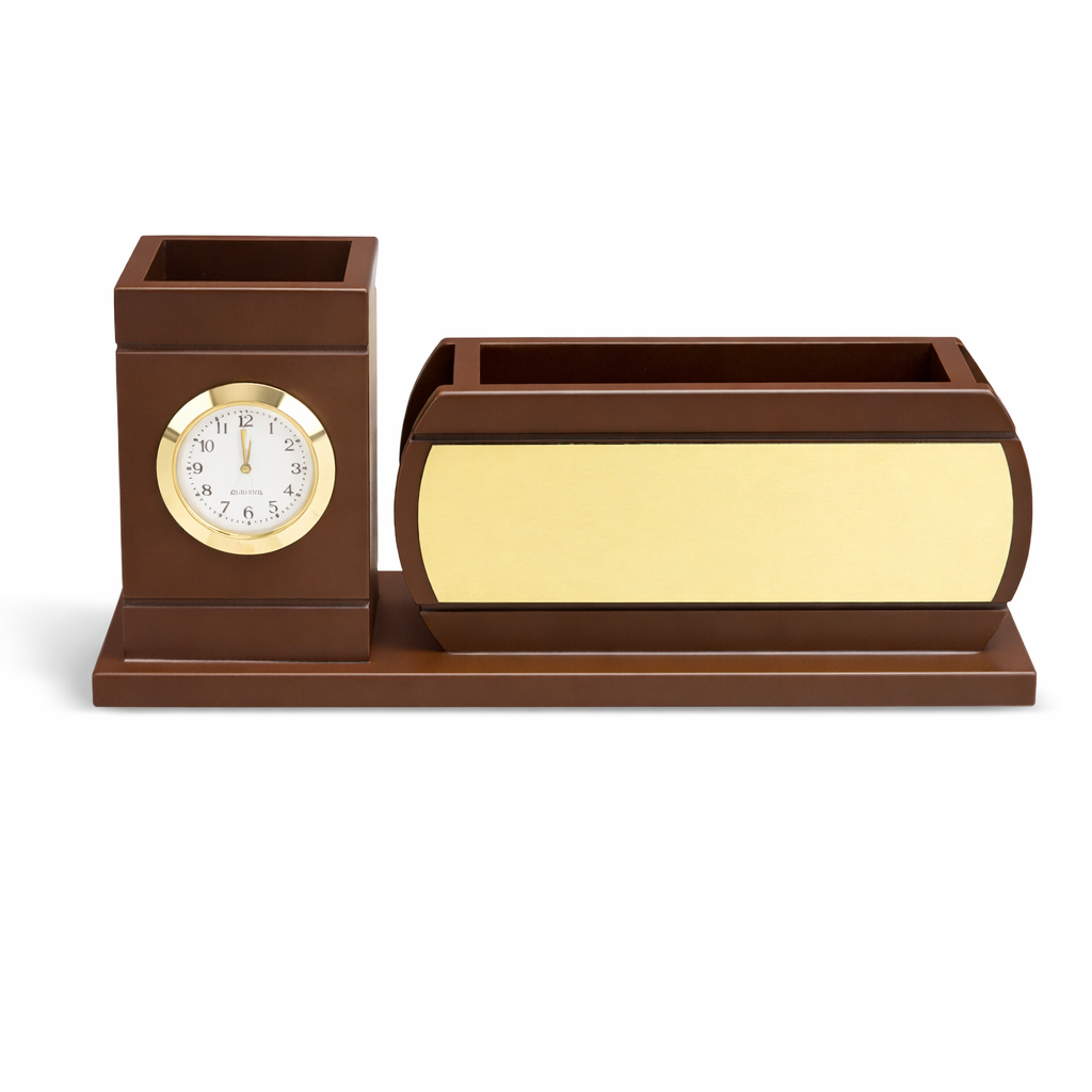 Executive Wooden Desk Organizer with Clock & Pen Holder β Premium Office Table Accessory