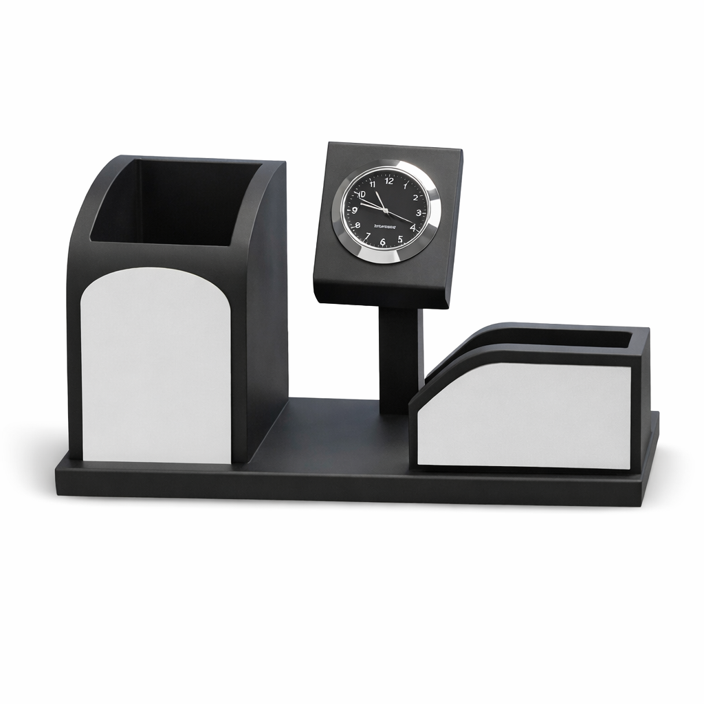 Modern Black Desk Organizer with Clock & Card Holder – Premium Office Table Accessory