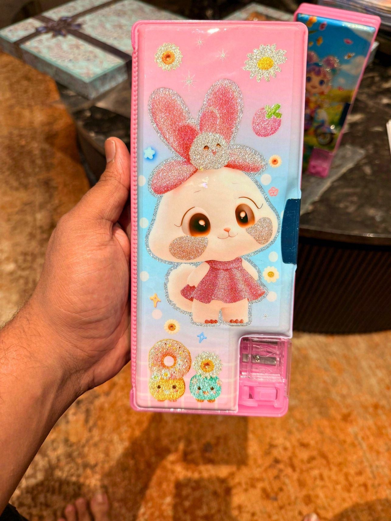 Cute Glitter Cartoon Pencil Box with Sharpener – Hard Case School Stationery Box for Kids