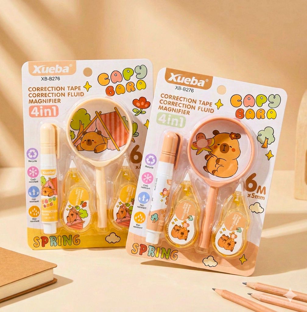 Cute Capybara 4-in-1 Stationery Set β Correction Tape, Fluid & Magnifier Combo for Kids