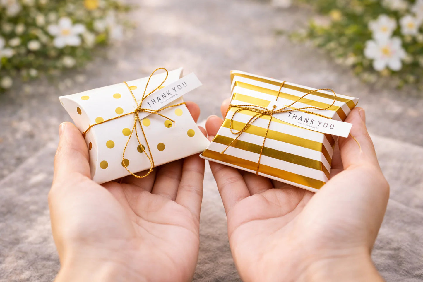 Golden Decorative Folding Paper pillow Gift Boxes For Gifting Chocolates, Dryfruits Items