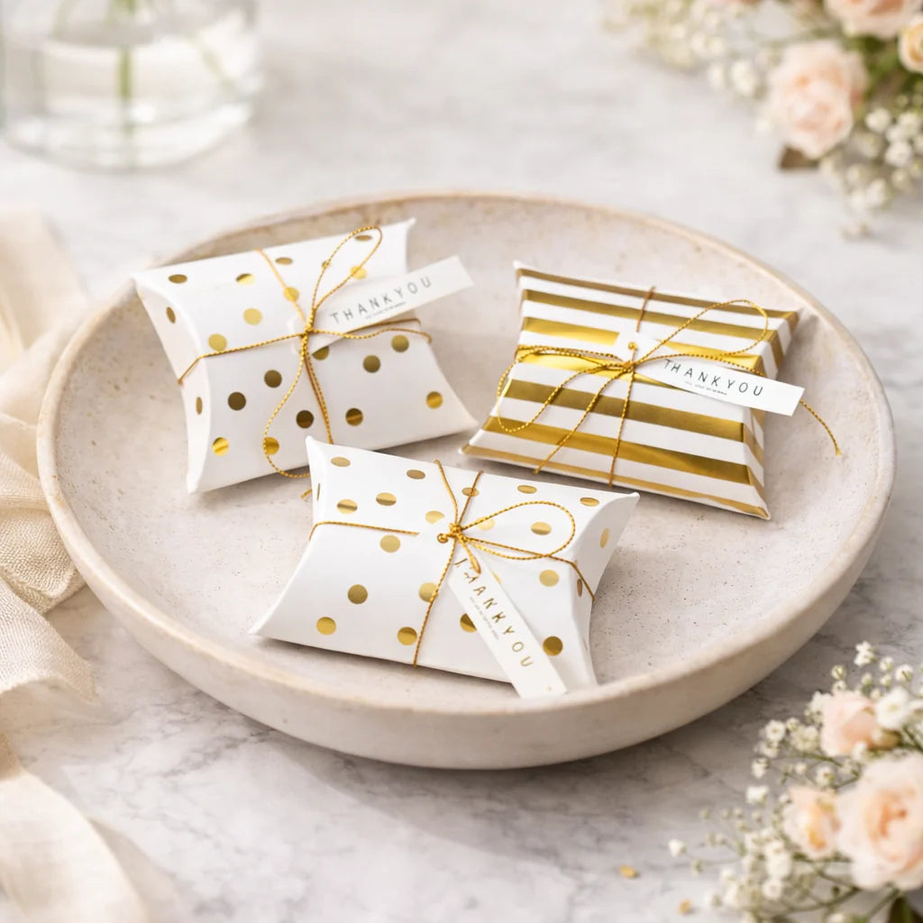 Golden Decorative Folding Paper pillow Gift Boxes For Gifting Chocolates, Dryfruits Items