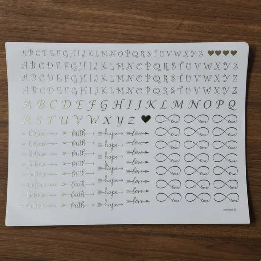 A4 Golden Embossed Sheet – Alphabets with Believe, Faith, Hope & Love Designs