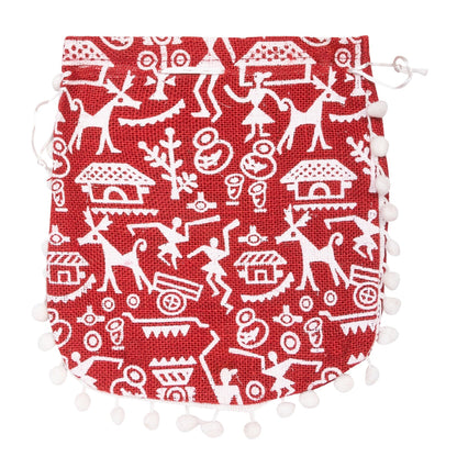 Red Warli Print Jute Potli Bag with White Pom-Pom Lace | Ethnic Drawstring Gift Pouch