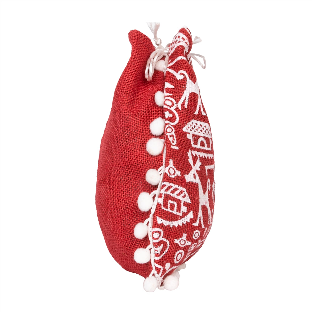 Red Warli Print Jute Potli Bag with White Pom-Pom Lace | Ethnic Drawstring Gift Pouch