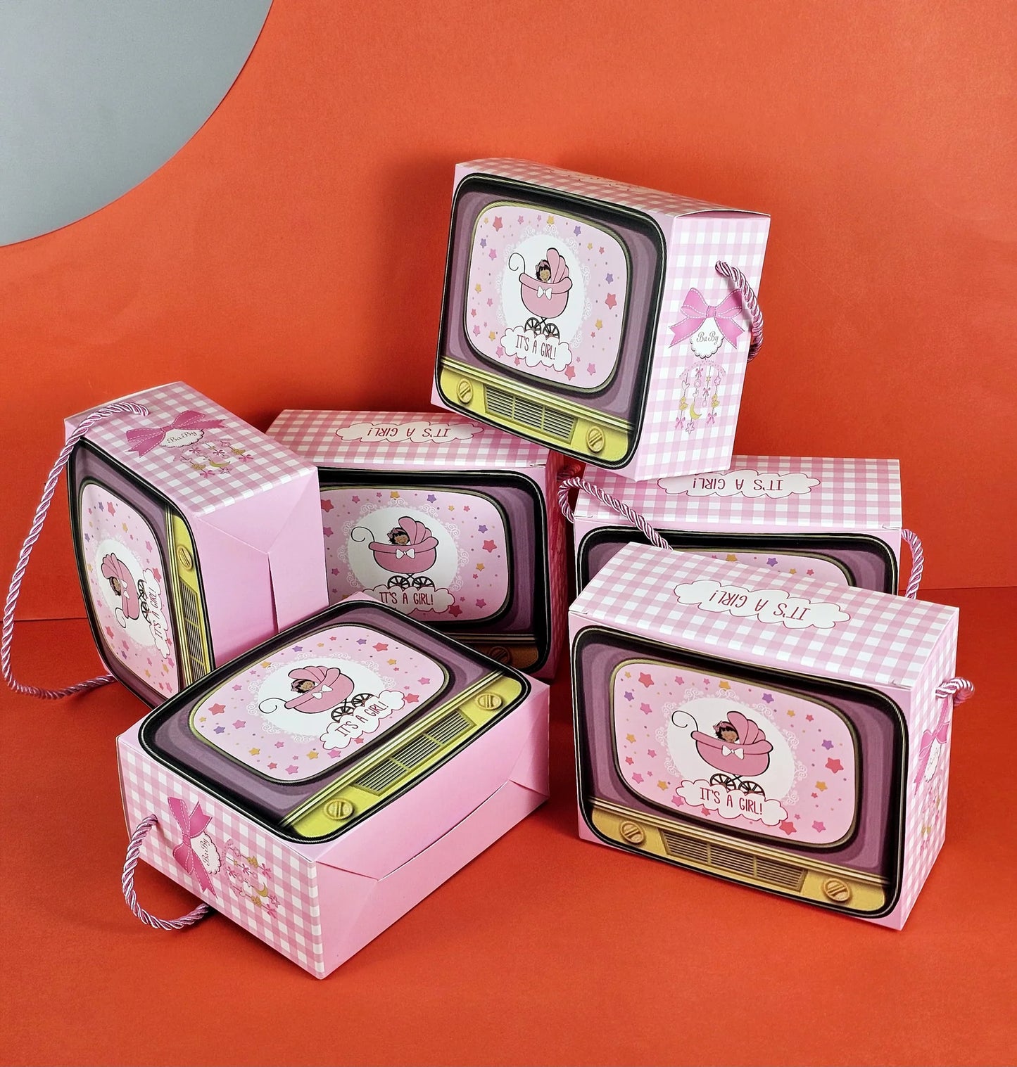 TV Shape Gift Boxes With Handle - It's A Girl (Pink)