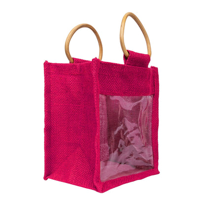 Zute.co Hot Pink Jute Window Gift Bag with Wooden Ring Handle | 7x6x3.5 Inch Premium Hamper Bag