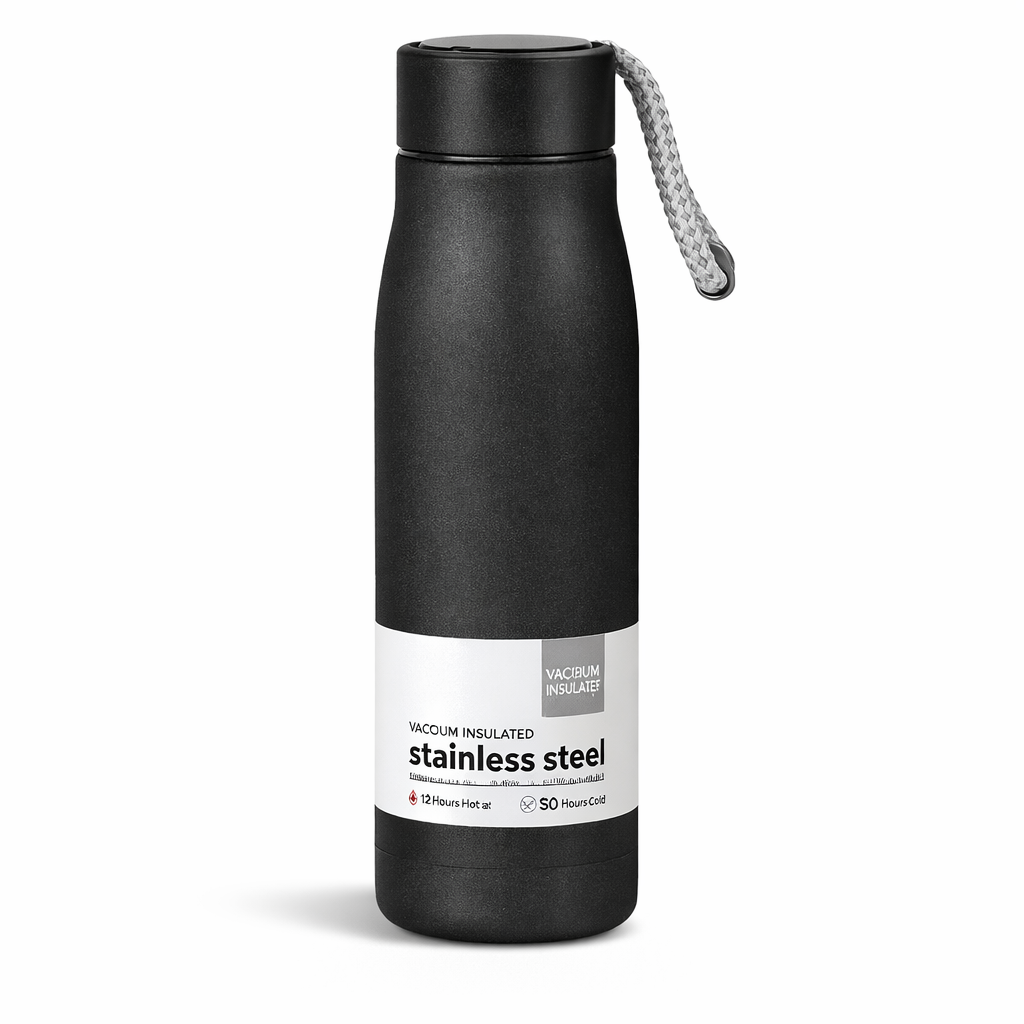 Premium Black Vacuum Insulated Bottle with Strap – Stainless Steel Flask (500ml)