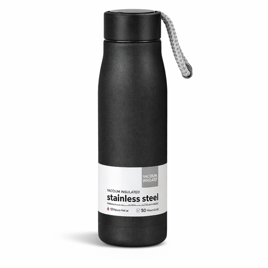 Premium Black Vacuum Insulated Bottle with Strap – Stainless Steel Flask (500ml)