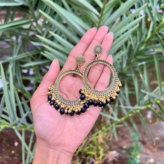 Ethnic Gold-Toned Round Jhumkas with Black Beads