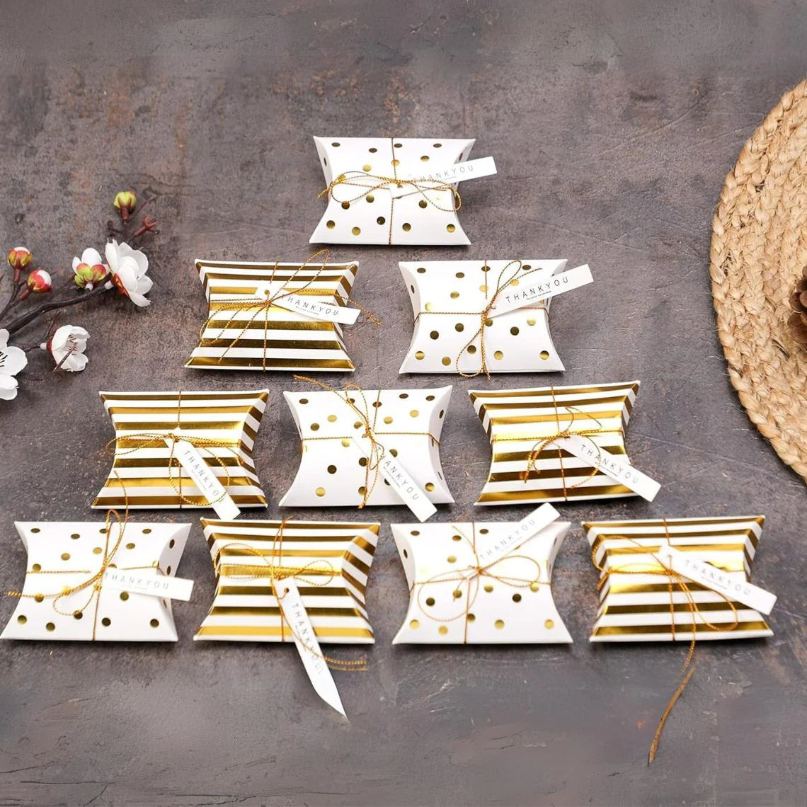 Golden Decorative Folding Paper pillow Gift Boxes For Gifting Chocolates, Dryfruits Items