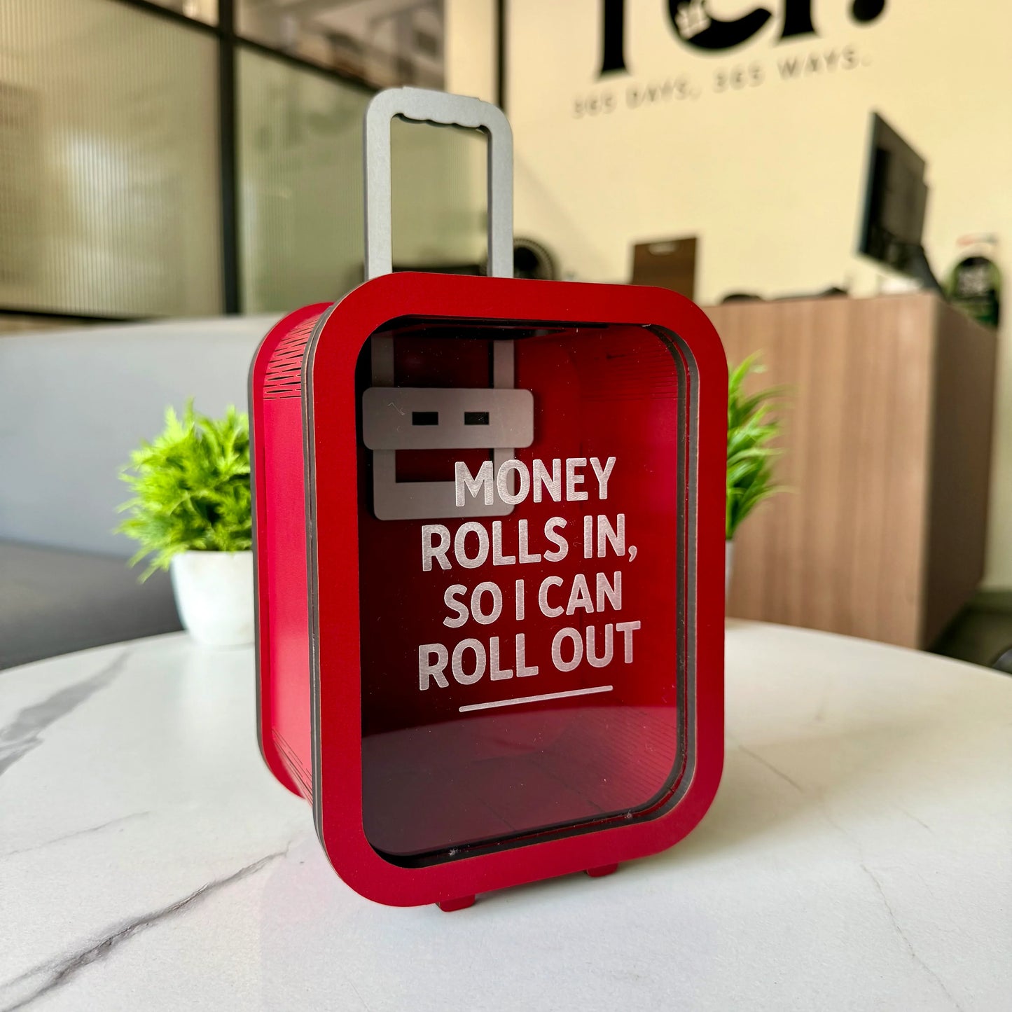 Rolling Suitcase Piggy Bank – “Money Rolls In” Quote Coin Box (Openable)
