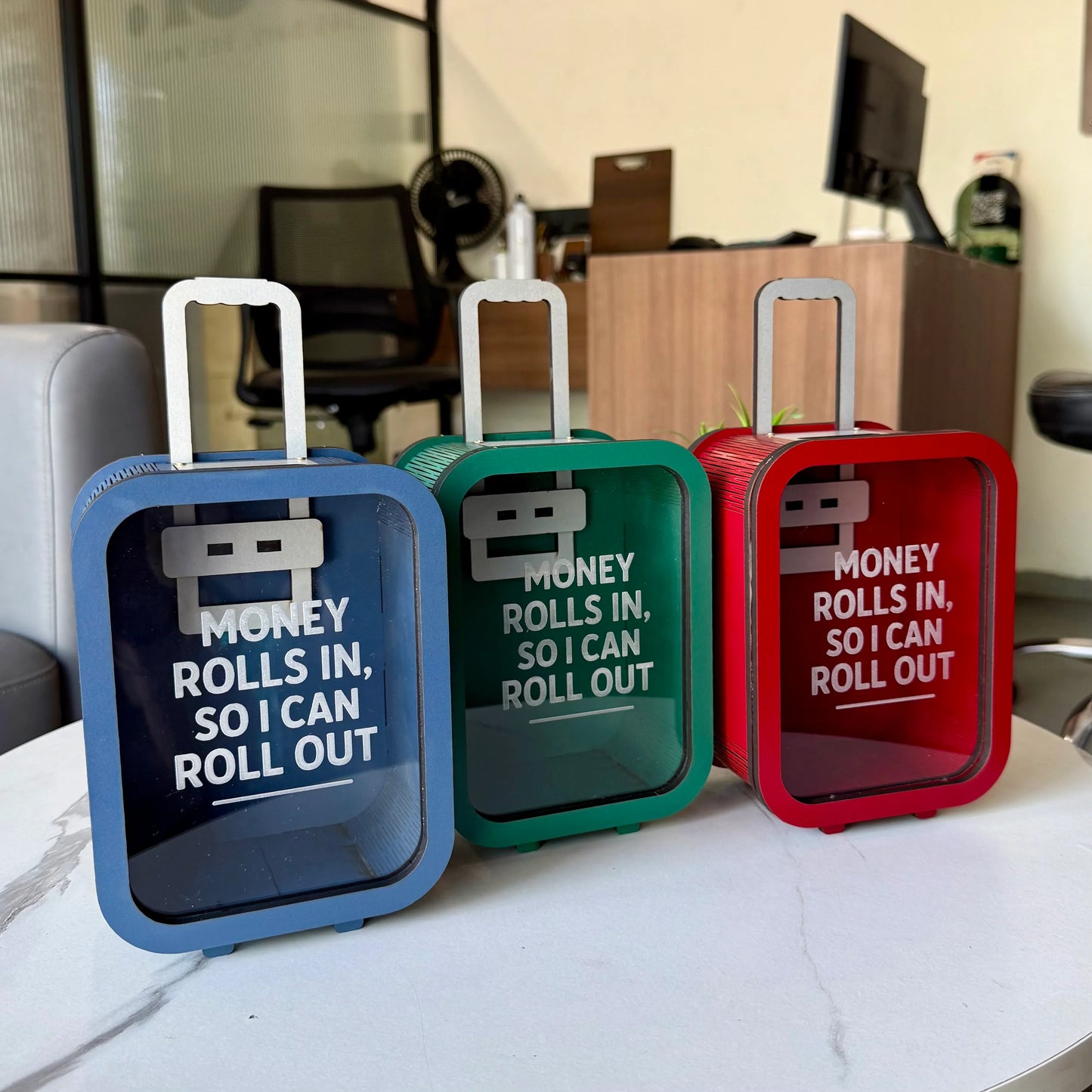 Rolling Suitcase Piggy Bank – “Money Rolls In” Quote Coin Box (Openable)