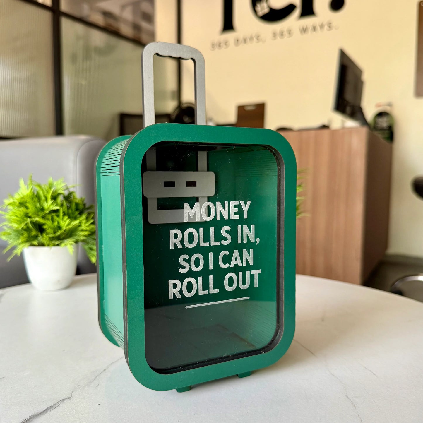 Rolling Suitcase Piggy Bank – “Money Rolls In” Quote Coin Box (Openable)