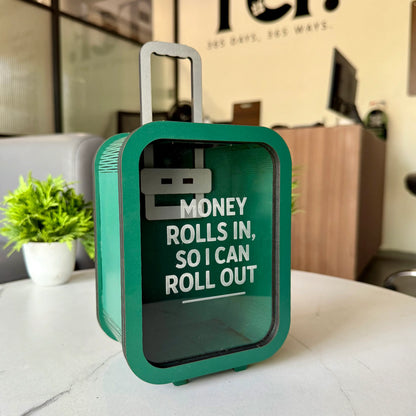 Rolling Suitcase Piggy Bank – “Money Rolls In” Quote Coin Box (Openable)