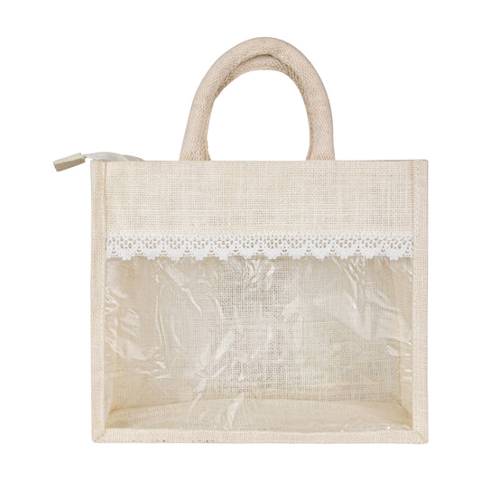 Large Jute Window Hamper Bag with Lace – Ivory (14 x 12 x 5 Inch)