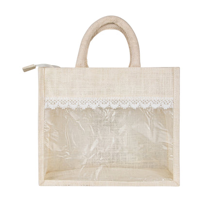 Jute Window Hamper Bag with Lace – Ivory (10 x 8 x 5 Inch)