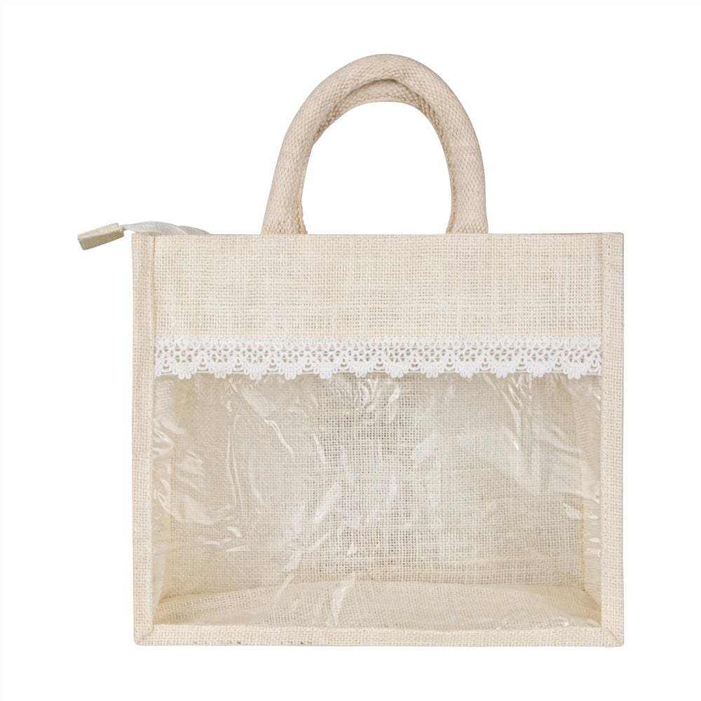 Mini Jute Window Hamper Bag with Lace – Ivory (8 x 6 x 4 Inch)