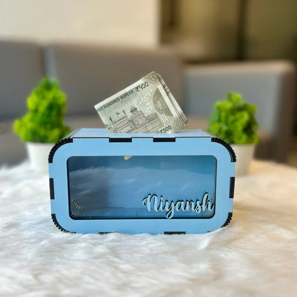 Break to Open Custom Name Piggy Bank – Clear Front Money Box (MDF + Acrylic)