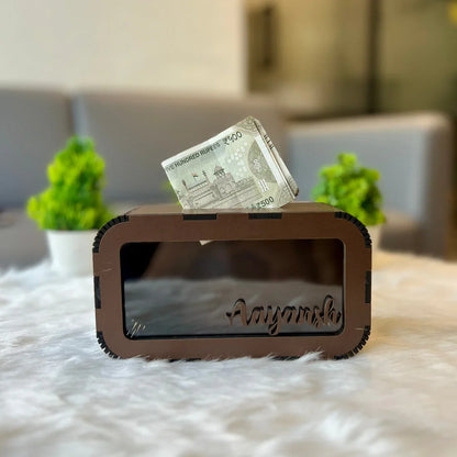 Break to Open Custom Name Piggy Bank – Clear Front Money Box (MDF + Acrylic)