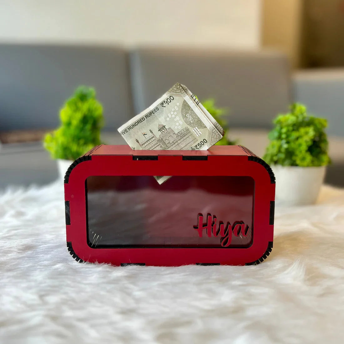 Break to Open Custom Name Piggy Bank – Clear Front Money Box (MDF + Acrylic)
