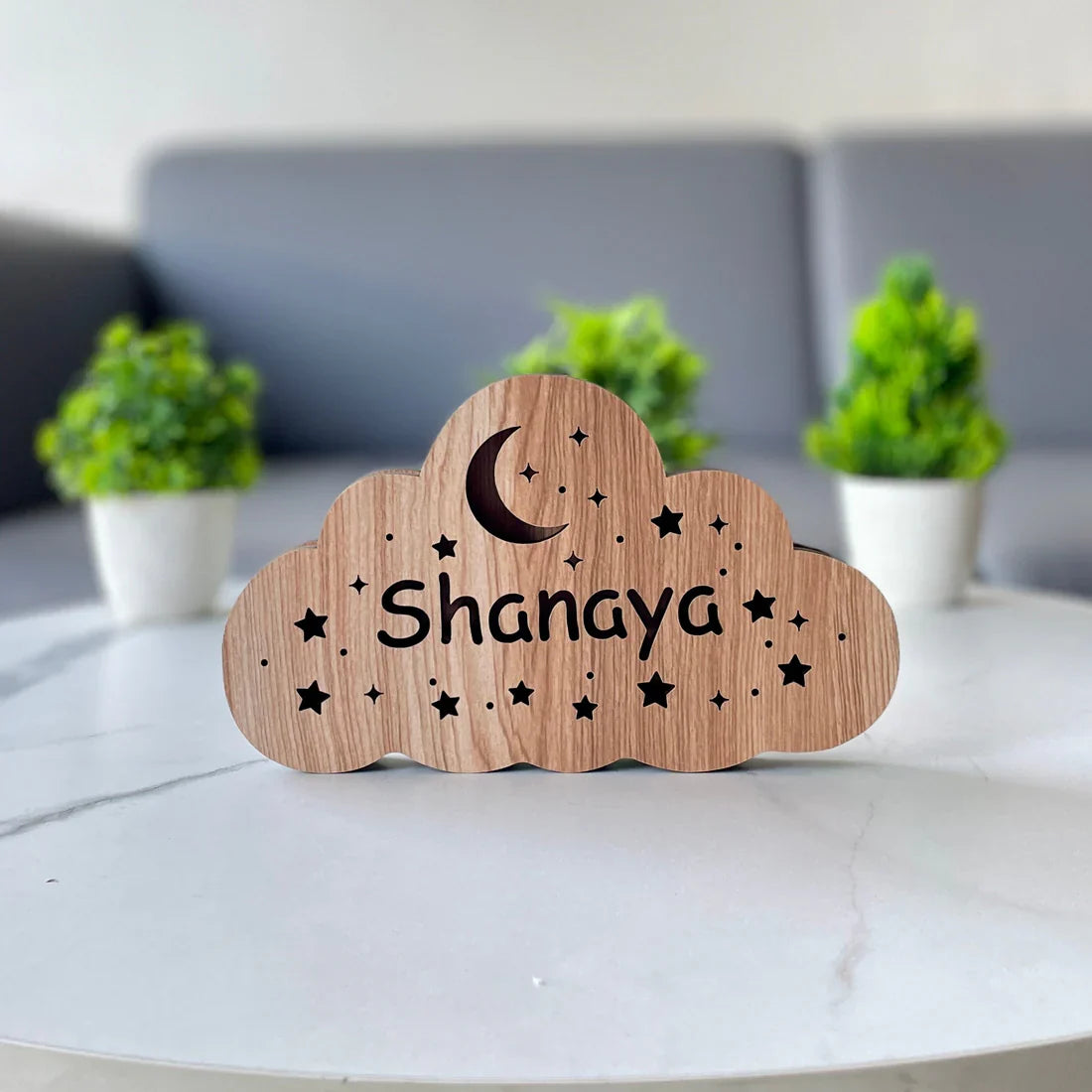 Personalised Cloud Name Lamp with Adapter – Natural Wood Finish (8 Inch)