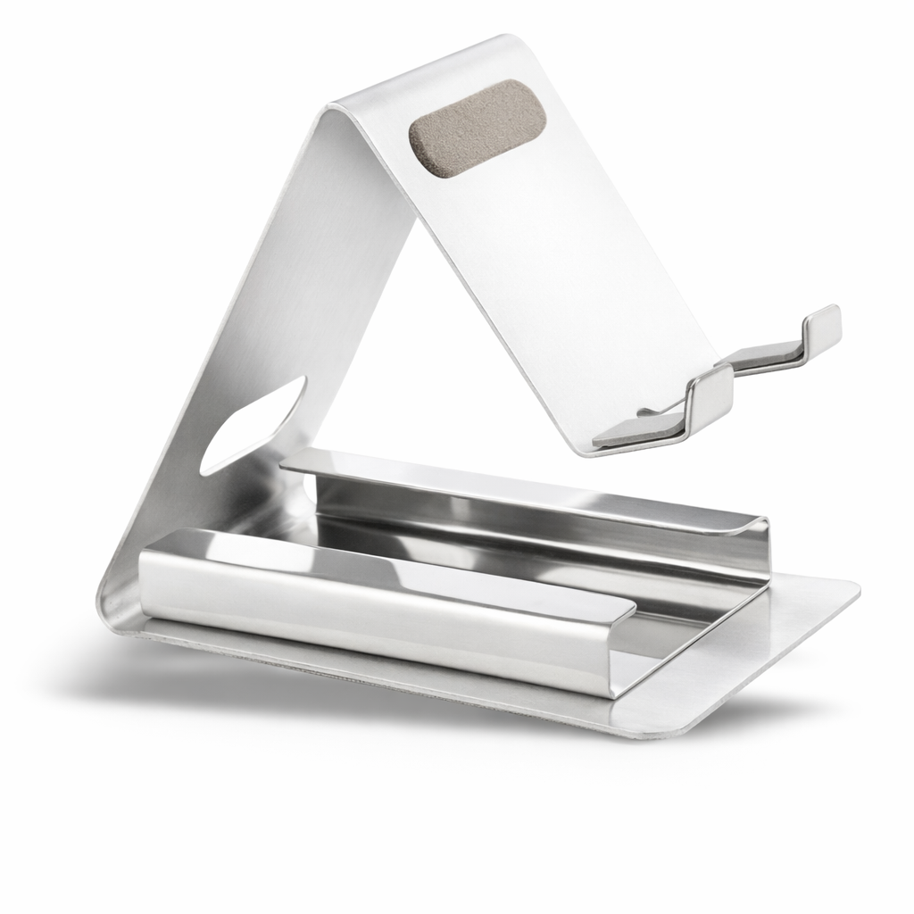 Metal Mobile Stand with Visiting Card Holder – Desk Organizer (Silver)