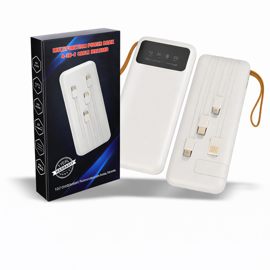 10000mAh Power Bank with Inbuilt Cables – Smart Charging Device (White)