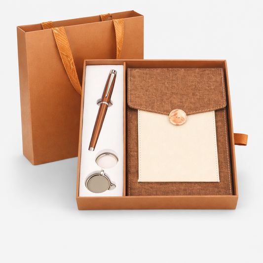 SR-353 Premium Corporate Hamper – Rustic Luxe Metal Pen, Keychain & Diary with Pocket
