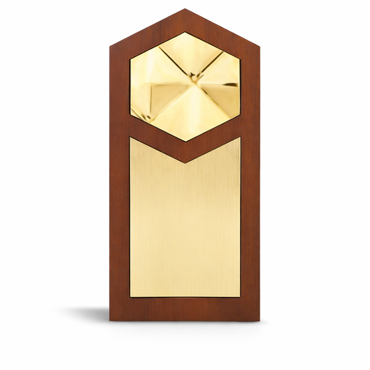 Hexagon Top Wooden Trophy with Gold Plate – Premium Corporate Award (11 Inch)