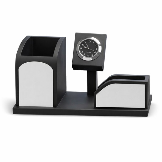 Modern Black Desk Organizer with Clock & Card Holder – Premium Office Table Accessory