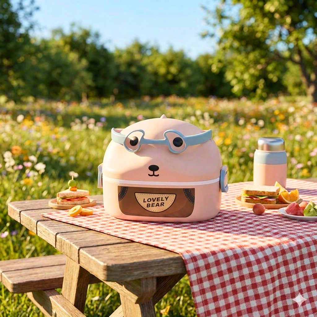 Dumb N Duck “Lovely Bear” Kids Lunch Box with Stainless Steel Inner & Snack Box | Cute School Tiffin