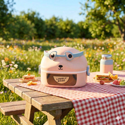 Dumb N Duck “Lovely Bear” Kids Lunch Box with Stainless Steel Inner & Snack Box | Cute School Tiffin