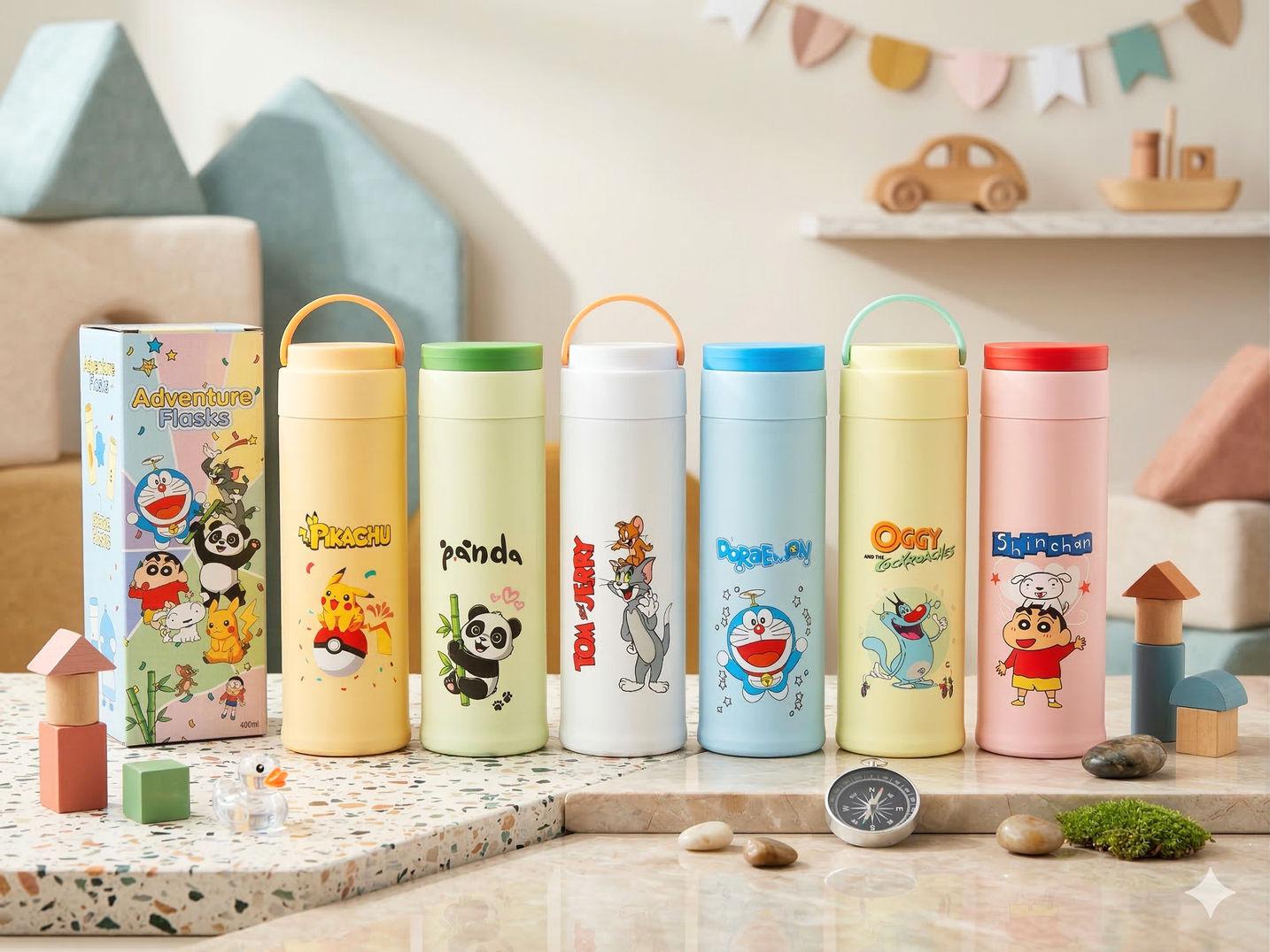 Cute Cartoon Kids Water Bottle – 400ml School Bottle with Handle (Single Piece)