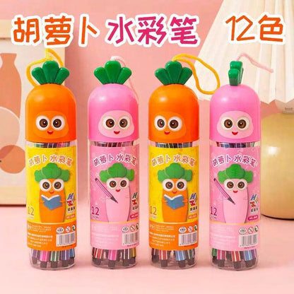 Cute Carrot 12-Color Sketch Pen Set – Kids Coloring Marker Set with Storage Case