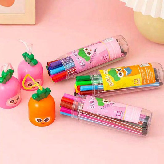 Cute Carrot 12-Color Sketch Pen Set – Kids Coloring Marker Set with Storage Case