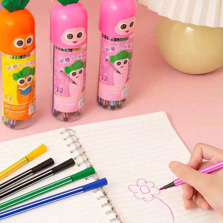 Cute Carrot 12-Color Sketch Pen Set – Kids Coloring Marker Set with Storage Case