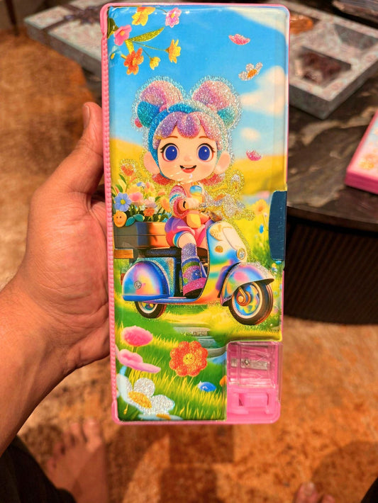 Cute Glitter Cartoon Pencil Box with Sharpener – Hard Case School Stationery Box for Kids