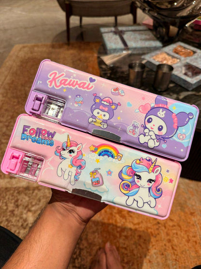 Cute Unicorn & Kawaii Cartoon Pencil Box with Sharpener – Hard Case School Stationery Box for Kids