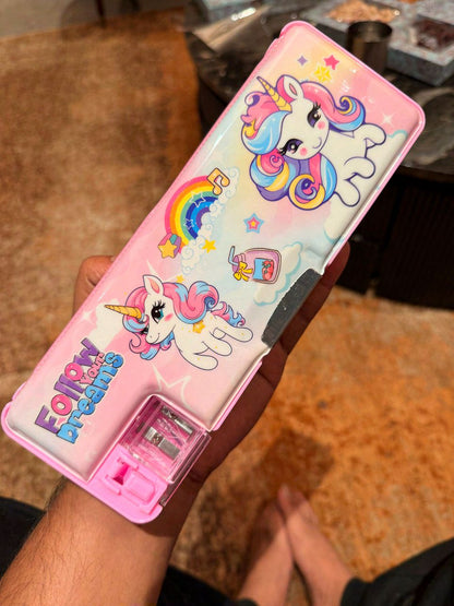 Cute Unicorn & Kawaii Cartoon Pencil Box with Sharpener – Hard Case School Stationery Box for Kids