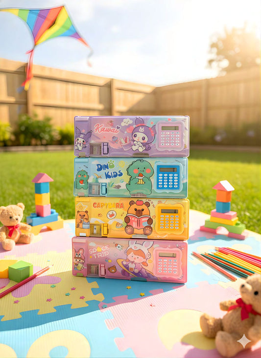 Cute Cartoon Pencil Box with Calculator & Sharpener – Premium Hard Case School Stationery Box for Kids