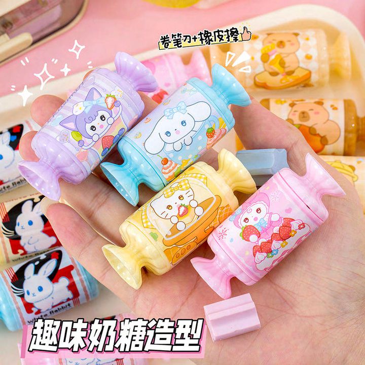 Candy Shape Pencil Sharpener with Eraser – 2 in 1 Cute Stationery for Kids (Single Piece)