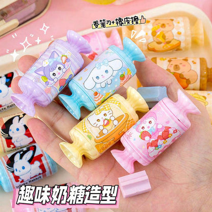 Candy Shape Pencil Sharpener with Eraser – 2 in 1 Cute Stationery for Kids (Single Piece)