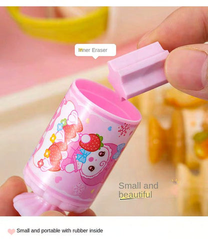 Candy Shape Pencil Sharpener with Eraser – 2 in 1 Cute Stationery for Kids (Single Piece)